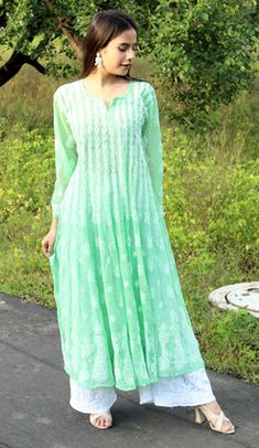 Mint chikankari kurti with bold work, full sleeves, notched round neck, and flares. perfect with palazzos or leggings. Chikankari Kurti, Full Sleeves