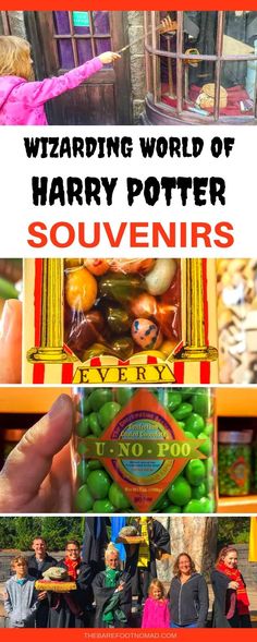 the wizard's world of harry potter souvenirs is shown in this collage