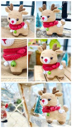 four pictures of stuffed animals with different poses and colors, including one wearing a red scarf