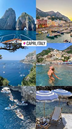 the collage shows people swimming in the water and on top of an island with boats