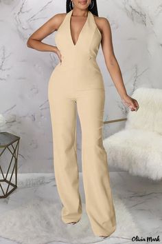 Olivia Mark - Ivory Patchwork Backless V-Neck Straight Jumpsuit for Women Jumpsuit For Women, Backless Jumpsuit, Jumpsuit Online, Fashion Wear, Wholesale Fashion, Quality Fashion, Olivia Mark, Jumpsuits For Women, Apricot