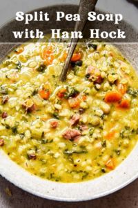 split pea soup with ham hock in a bowl