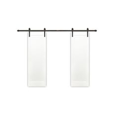 two white doors hanging from a black rail