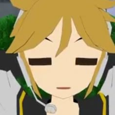 an anime character with blonde hair and black eyes wearing headphones, looking at the camera