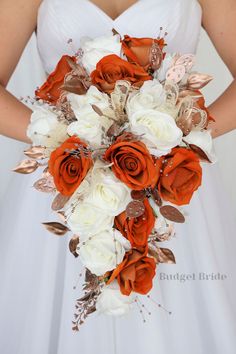 a bridal bouquet with white and orange flowers