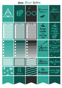 harry potter's hogwarts planner stickers in teal and black with the words harry potter written on them