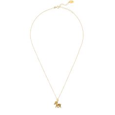 a gold necklace with the letter m on it and a small elephant charm hanging from the front