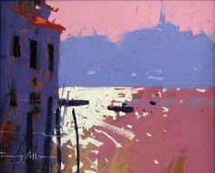 an abstract painting of pink and blue buildings by the water with clouds in the background