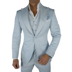 Baby Blu Brunnera Woven In Italy Baby Blue Silk Satin Lapels Single Button Closure Soft, natural shoulder construction Chest Barchetta Pocket Dual Vents Satin Silk Wrapped Buttons Dinner Jacket Pockets Handmade in any size! Includes a Sebastian Cruz Couture Pocket Square of your choice! All of our jackets are made with 4" extra of fabric to ensure you don't have to send it back to us if it's too small or too big. You can tailor your jacket 2 sizes bigger and/or smaller if needed. We guarantee yo Fitted Three-piece Suit For Spring, Fitted Three-piece Suit With Long Sleeves For Spring, Winter Fitted Light Blue Blazer, Fitted Light Blue Winter Blazer, Fitted Blue Three-piece Suit With Long Sleeve, Blue Fitted Three-piece Suit With Long Sleeves, Light Blue Fitted Classic Blazer, Fitted Light Blue Outerwear With Button Closure, Fitted Light Blue Outerwear With Buttons