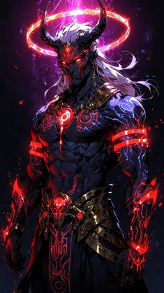 an anime character with horns and red lights on his face, standing in front of a black