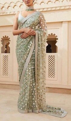 Sage green embroidered Indian designer saree, Festive wear saree with borders and blouse. This sari is a custom made garment which includes the saree and the blouse. Saree material is tulle/net and the blouse is in silk. It can be customised in any color of your choice. Upon order confirmation, we Saree Indian Wedding, Sage Green Colour, Indian Bridesmaids, Wedding Saree Collection, Indian Designer Sarees