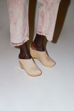 No.6 New School Clog on Wedge in Bone Cream Closed Toe Clogs With Wooden Heel, Cream Leather Clogs With Wooden Heel, Beige Leather Wedge Heel Clogs, Pale Beige, Wooden Wedges, No 6, New School, Nubuck Leather, Wedge Heels