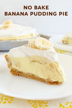 no bake banana pudding pie on a white plate