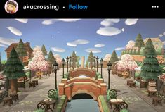 an animated image of a park with benches and trees in the background that says, akrokrossing follow