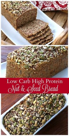 low carb high protein nut and seed bread on a white plate with text overlay