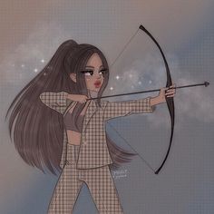 a drawing of a girl with long hair holding a bow and arrow in her hands