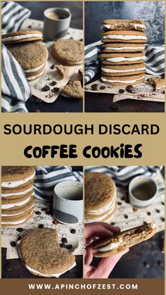 collage of coffee cookies and doughnuts with text overlay that reads sourdough discard coffee cookies