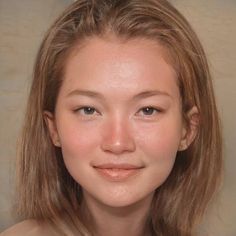 a close up of a young woman with long hair and brown eyes, smiling at the camera