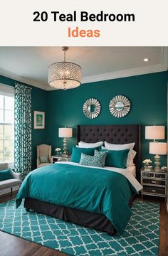 a bedroom with teal bedding and pillows