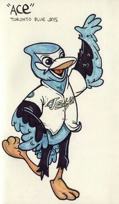 a drawing of a blue jay wearing a baseball uniform