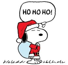 a cartoon dog wearing a santa hat and holding a speech bubble with the words ho ho written above it