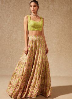 Luca Green Tiered Lehenga Chamee n Palak - Fabilicious Fashion Attire Guide, Tiered Lehenga, Green Tulle, Fabric Skirt, Green Lehenga, Vacuum Storage, Blouse Silk, Georgette Blouse, Guest Attire