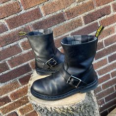 Original Classic Slip On Biker Boots In Great Condition! Black With Wool Plaid Lining. Pull On Tab, Side Adjustable Buckle. Style #14797001, Meg Boot. Please See All Pictures. Dr Martens Black, Dr Martens Shoes, Biker Boots, Martens Shoes, Doc Martens, Wool Plaid, Winter Rain, Black N Yellow, Rain Boots