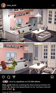 two pictures of the same kitchen and living room in different rooms, each with their own furniture