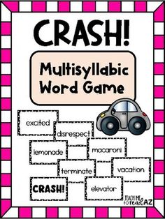 a pink and white checkered frame with words that read crash, multisyllagic word game