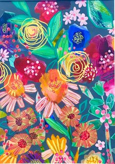 an abstract painting of colorful flowers on a blue background