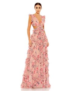 Mac Duggal Floral chiffon fabric (100% polyester) Fully lined through body V-neckline  Ruffled cap sleeves Floral beaded waist detail  Side and cutouts Concealed back zipper  Approx. 62.5" from top of shoulder to bottom hem Available in Rose Multi Style #9152 Mac Duggal Dresses Mac Duggal, Mac Dugall Gowns, Max Duggal Dress, Pink Maid Of Honor Dress, Pink Floral Gown, Chiffon Formal Dress, V Neck Gown, Shower Photography, Prom 2024