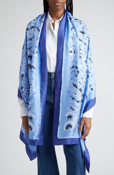 Etro's iconic paisley swirls define a sky-blue scarf fashioned in Italy from fluid, featherweight silk. 64" x 26"; 1/2" fringe 100% silk Dry clean Made in Italy Etro Paisley, Printed Silk Scarf, Blue Scarf, Paisley Print, Silk Scarf, Silk Printing, Sky Blue, Paisley, Top Brands