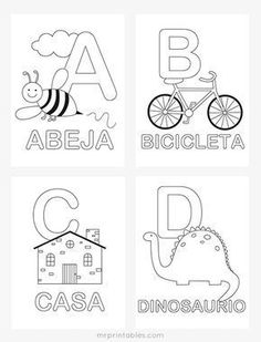 four different alphabets with pictures of animals and letters on them in black and white