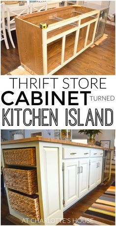 the kitchen island is made from an old cabinet