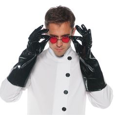 a man wearing black gloves and red sunglasses