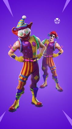 two clowns are standing next to each other on a purple background in fortnix