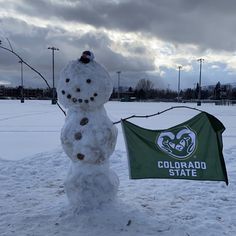 a snowman with a colorado state flag on it's back in the snow