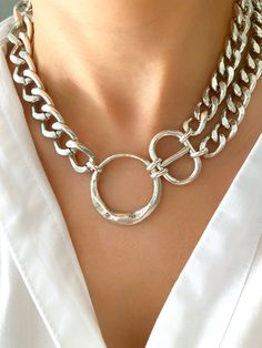 Silver Large Lightweight Chunky Necklace, Aluminum chain necklace, Silver choker chain, Big necklace, Large chain necklace, Brutalist necklace, gift for women This chain is made from reliable aluminum material and silver plated which is sturdy and durable, not easy to fade and rust. The chain is very light so it's nice to wear it. Circle diameter: 3.9 Silver plated necklace All pieces are nickel-free and anti-allergic. If you require a shorter or longer length Please contact me. The necklace wil Brutalist Necklace, Chunky Silver Necklace, Chain Necklace Silver, Big Necklace, Choker Chain, Silver Choker, Chain Silver, Layered Jewelry, Silver Plated Necklace