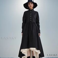 Lasaky - Black Ruffle Dress with Multiple Layers, Palace-style Stand Collar, and Single-Breasted Button Design Daywear Dresses With Stand Collar And Buttons, Black Day Dresses With Button Cuffs, Black Daywear Dress With Button Cuffs, Black Buttoned Midi Dress For Daywear, Black Dress With Button Cuffs For Daywear, Black Midi Dress With Buttons For Daywear, Black Cuffed Dresses For Daywear, Black Spring Dress With Covered Buttons, Black Dresses With Covered Buttons For Spring