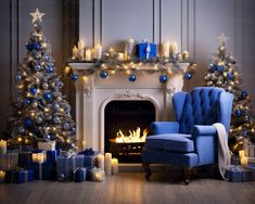 a blue chair sitting in front of a fire place with christmas decorations on it's mantle