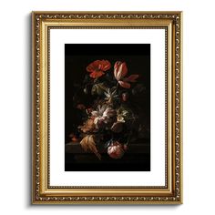 a painting with flowers in a gold frame on a white wall next to a black background