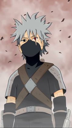 an anime character with grey hair and black eyes, wearing a face mask while standing in front of a cloudy sky