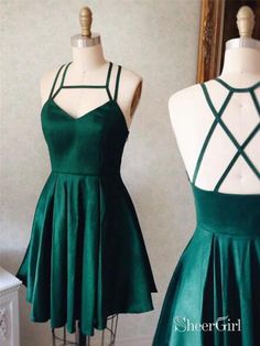 Dark Green Graduation Dresses for College Short Homecoming Dresses Cheap ARD1115-SheerGirl Emerald Green Prom Dress, Backless Homecoming Dresses, Spaghetti Strap Bridesmaids Dresses, Short Satin Dress, Homecoming Dress Short, Green Homecoming Dresses, Short Homecoming Dresses, Cute Dresses For Party, Satin Homecoming Dress