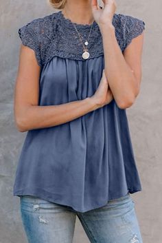 Blue Crochet Lace Trim Splicing Casual Blouse Shawl Collar Blazer, Flirty Tops, Embroidery Stitching, Lace Sleeveless Top, Blue Crochet, Crochet Lace Trim, Gathered Sleeves, Lace Neckline, Women Sleeve