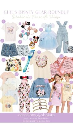 girls'disney gear roundup includes princess and mickey mouse shirts, pants, skirts, headbands