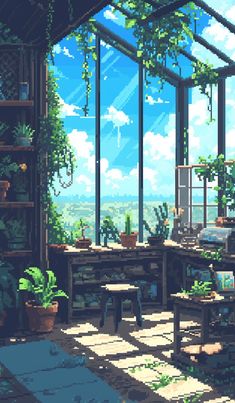 an image of a room with plants in the corner and windows on both sides that are open