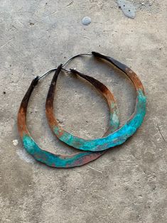 "Solid 8 gauge copper has been hand-hammered into large 2.75\" diameter hoops. I then added several layers of grungy turquoise patina and oxidized the entire hoop for a rustic look. Hypoallergenic niobium earwires. Handmade in NY" Artisan Electroformed Hoop Earrings, Unique Small Hoop Copper Earrings, Copper Ombre, Antler Earrings, Antler Jewelry, Rustic Jewelry, Large Hoop Earrings, Jewelry Repair, Amethyst Necklace