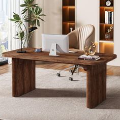 a desk with a computer on it in front of a bookcase and bookshelf