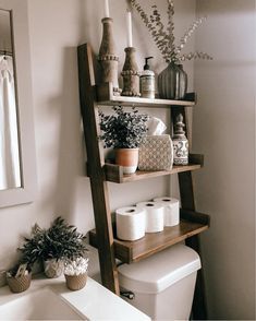 a bathroom with toilet, shelves and plants on the wall