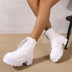 White Zip Back Lace-Up Front Combat Boots Heel Height: 2.6 Inch Round Toe Chunky Upper Material: Pu Leather Lining Material: Polyester Insole Material: Polyester Outsole Material: Rubber Popular Shoes 2023, Mode Shoes, Dr Shoes, Preppy Shoes, Pretty Shoes Sneakers, Fashion Shoes Heels, Cute Shoes Heels, Shoes Outfit Fashion, Cute Nike Shoes